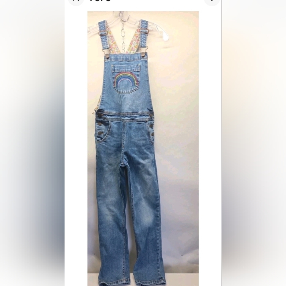 BODEN Fun Dungaree Overalls Girls 9-10Y Blue Denim Embroidered Rainbow Straight